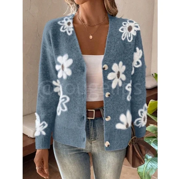 Blue Cardigan Knit Flower Textured Button Front Stretchy, Soft - Picture 5 of 9